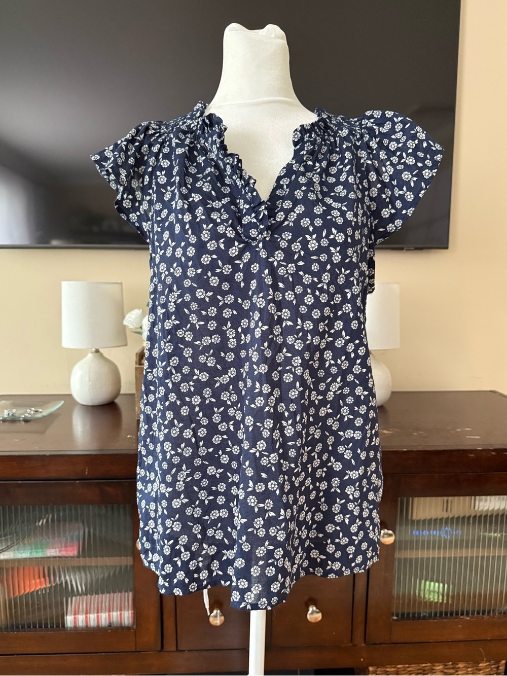 J. Crew Navy White Floral Ruffled V-Neck Blouse